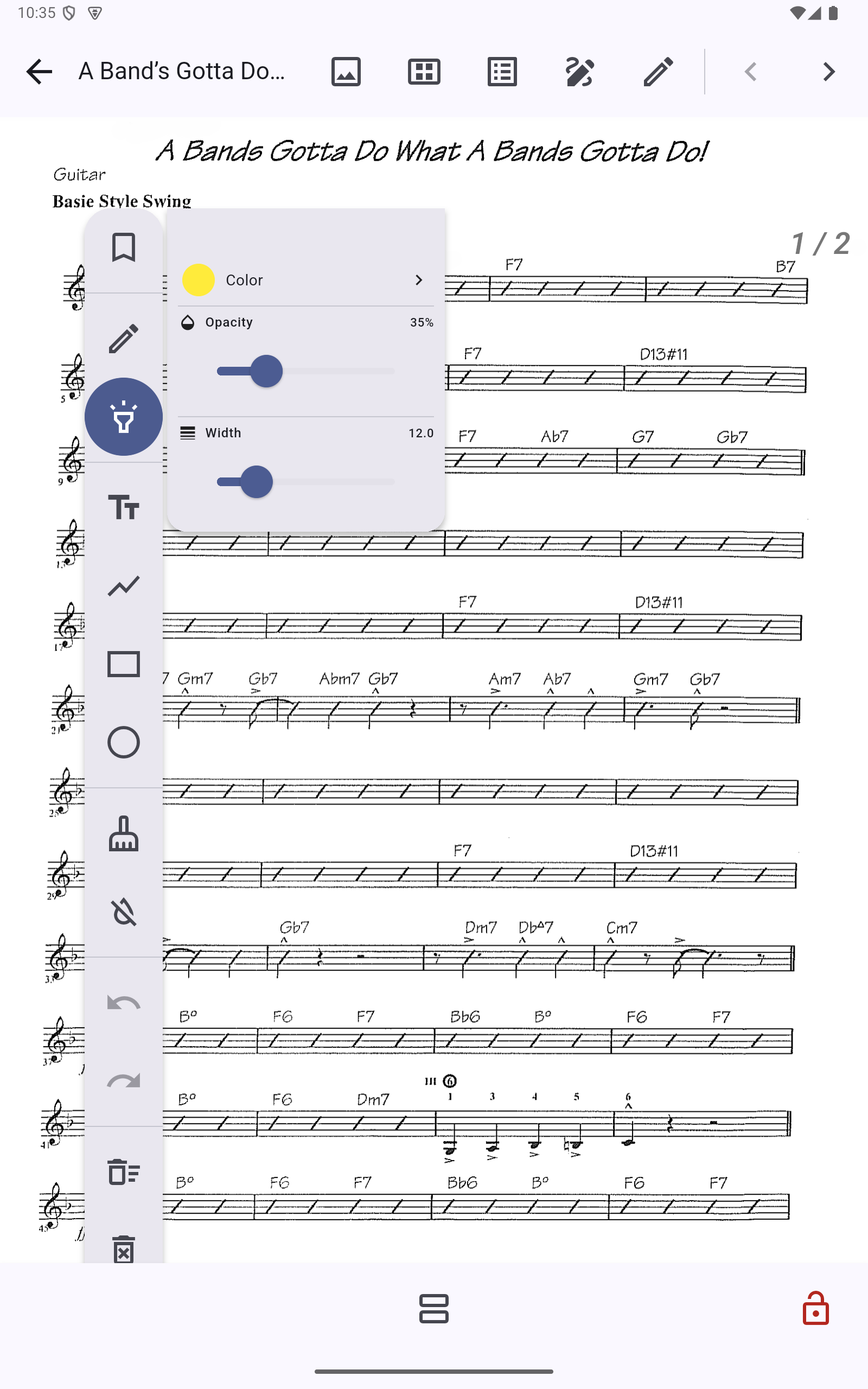 Segno highlighter settings showing a yellow color, opacity slider, and width control beside a marked music score