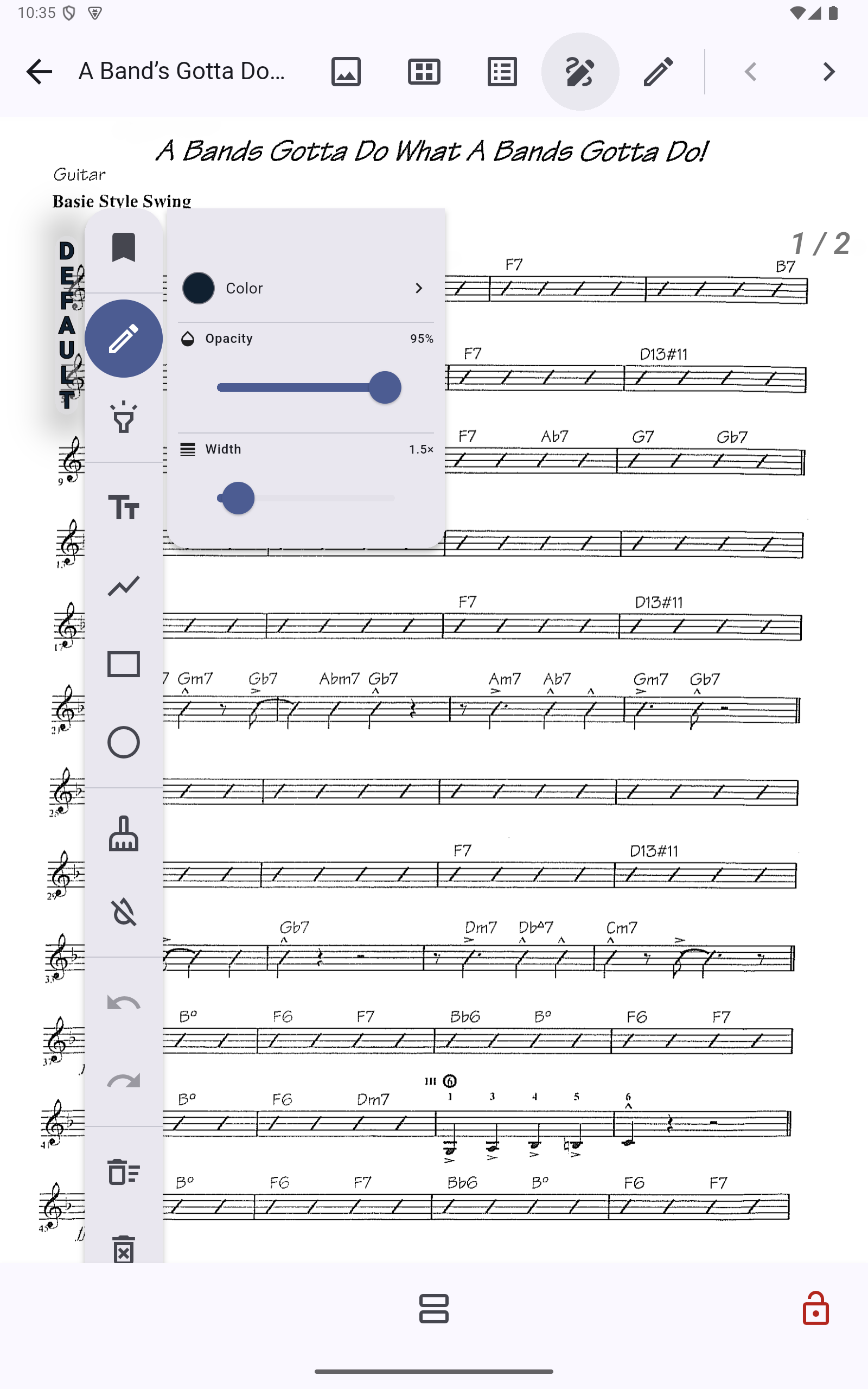 Segno annotation toolbar open over a music score, showing a preset selector and tools for pencil, highlighter, text, lines, shapes, and erasers